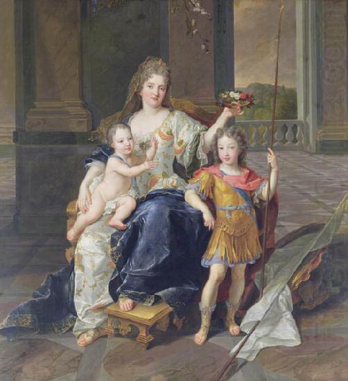 Painting of the Duchess of La Ferte-Senneterre with the future Louis XV on her lap (then styled the Duke of Anjou) and the Duke of Brittany standing n, Francois de Troy